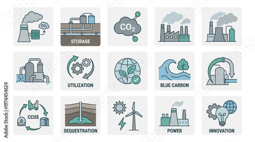 Vector Icons Carbon Capture and Utilization Technology Icon Set.