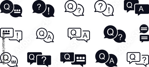 Collection of question and answer speech bubble icons in various black and white styles Vector