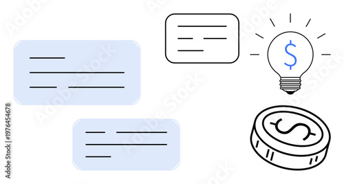 Financial technology, innovation, money management, business planning, communication, brainstorming. Illustrated lightbulb with dollar sign, coin and text boxes. Financial technology and innovation
