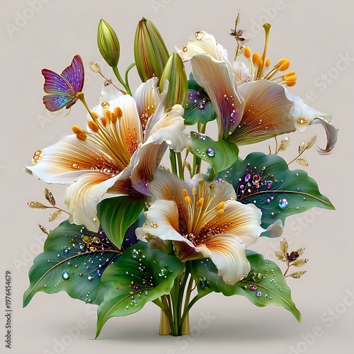 Premium floral artwork white lilies and green leaves high resolution picture