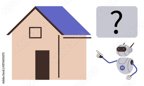 Smart housing, decision making, AI integration, home automation, futuristic design, robotics. Illustration of a robot pointing at a house with a question mark. Smart housing and decision making