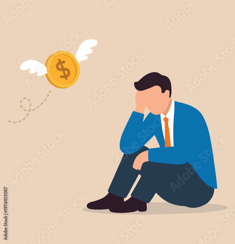 Losing money from business failure or investment mistake, tax or debt problem, bankruptcy or economic crisis or recession concept, sad hopeless businessman watching his money coin flying away