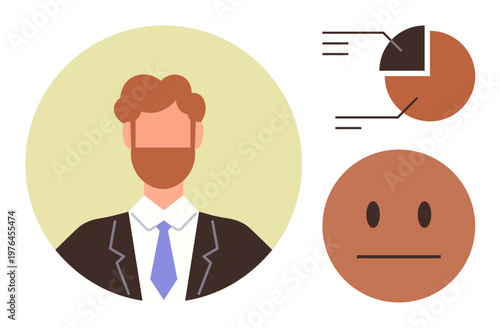 Business, analytics, communication, decision-making, identity, presentation. A professional male avatar with pie chart and neutral expression graphic. Business and analytics concepts