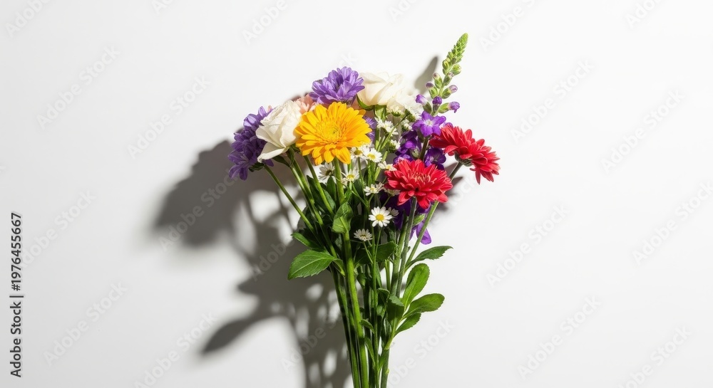 Obraz premium Vibrant bouquet of assorted flowers in various colors on white background with shadow