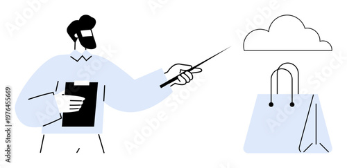 E-commerce, cloud computing, online shopping, retail trends, digital marketplaces, business strategy. Person with clipboard pointing to cloud and shopping bag. E-commerce and cloud computing