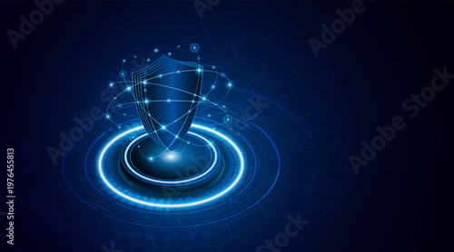 Abstract technology circuit board background with shield symbols concept of data protection and cyber privacy. modern security technology innovation concept background