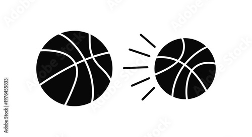 Two basketballs one breaking apart depicted in dark silhouette