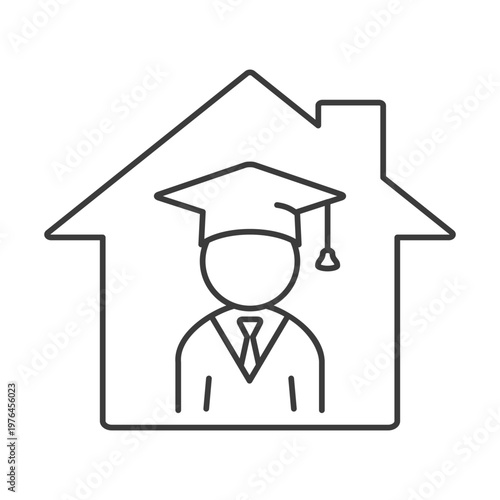 Homeschooling icon, line art. A student in a house symbol. Vector isolated illustration
