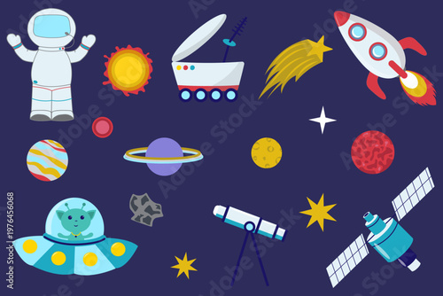 Collection of cartoon space pictures with an astronaut, sun, alien, spaceship, comet, star, and lunar rover.