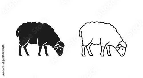 Black and White Sheep Grazing Icon Set Vector