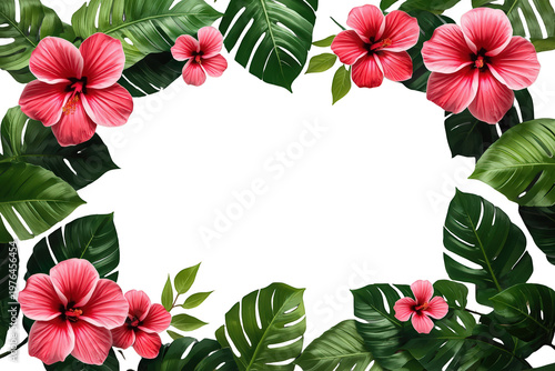 Tropical hibiscus flowers and monstera leaves forming botanical frame for summer banner with transparent background