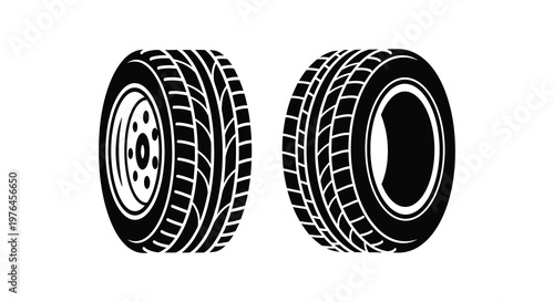 Two black tires displayed side by side a striking silhouette