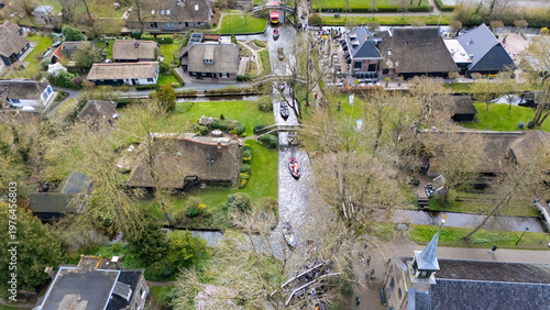 Aerial drone shots of the water village of Giethoorn Overijsel Netherlands