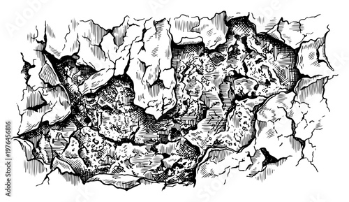 Cracked plaster on broken wall surface with detailed engraving style