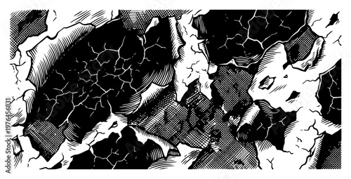Detailed cracked surface with peeling layers and stone texture in engraving style