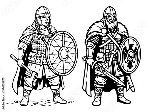 Viking warriors with shields and weapons in engraving style