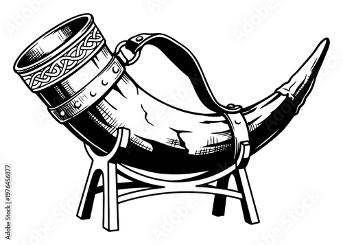 Drinking horn on wooden stand in detailed engraving style
