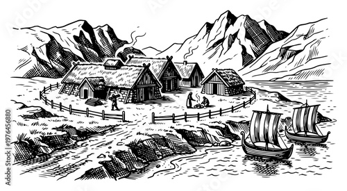 Viking coastal settlement with longhouses and ships near mountains in vintage engraving style