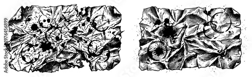 Crumpled paper textures with ink splatters and stains in hand drawn sketch style