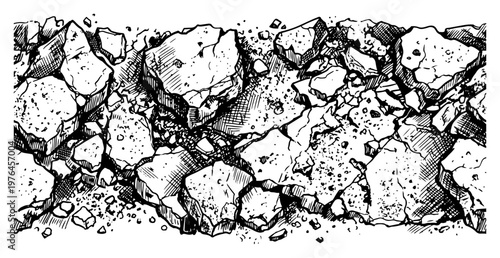 Broken rocks and rubble debris texture in detailed engraving style