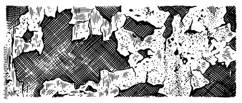 Peeling paint layers on cracked wall surface in vintage engraving style
