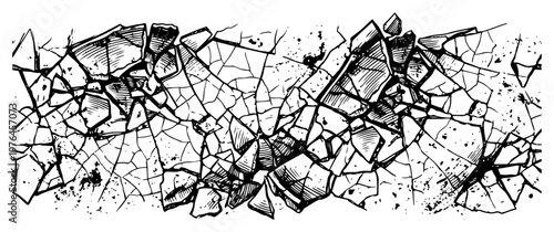 Shattered fragments of stone and cracked ground in engraving style