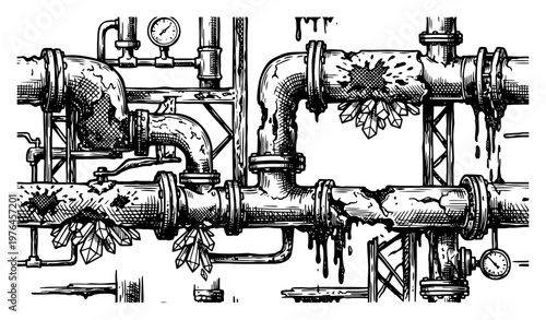 Industrial pipe system with leaking fluid and pressure gauges in detailed engraving style