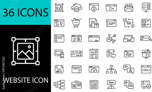 Website line icons set of 36, editable stroke outline vector symbols for web design, UI interface, responsive layout, ecommerce, security, analytics and navigation