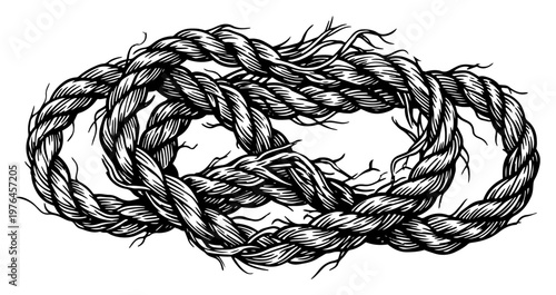 Coiled nautical rope with frayed ends in detailed engraving style