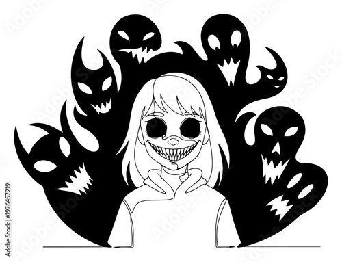 Creepy girl surrounded by dark shadows and ghosts in vector style
