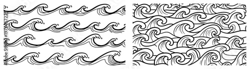 Sea wave patterns and swirling water motifs in line art style