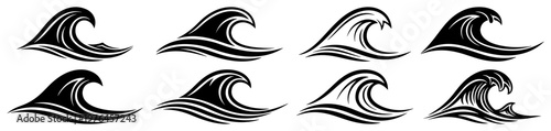 Ocean wave icons set with stylized water swirls in minimalist graphic style