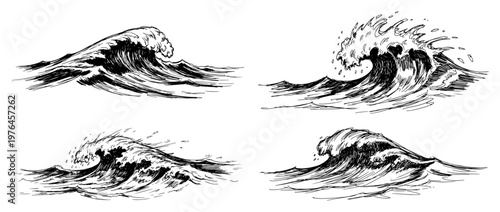 Ocean waves with water spray and sea foam in vintage hand drawn engraving style