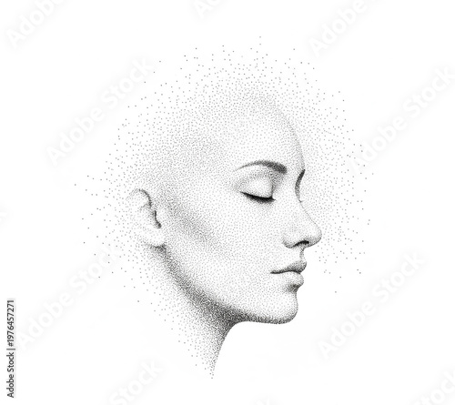Minimalist stippling illustration of a woman's profile with eyes closed, conveying a sense of peace and introspection