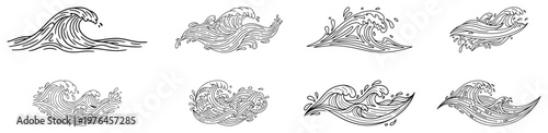 Ocean wave set with stylized water ripples and surf in minimalist line art style