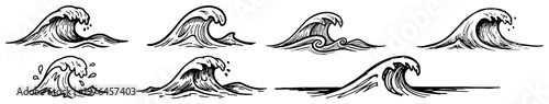 Ocean waves collection with water crests in woodcut sketch style