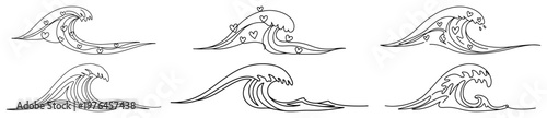 Ocean waves with decorative hearts in minimalist line art style