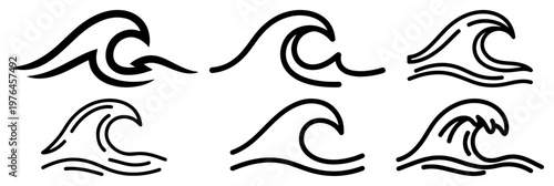 Cresting ocean wave icons with simple water curves in bold line art style