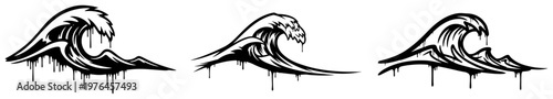 Stylized ocean waves with dripping ink effects and bold water crests in graphic woodcut style