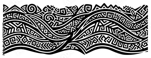 Canvastavla Geometric tribal pattern border forming ocean wave shape in monochrome style