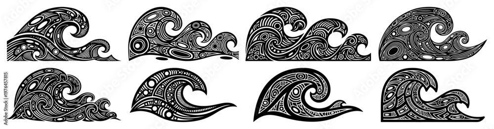Fototapeta premium Ocean wave icons set featuring ethnic patterns and decorative water ripples