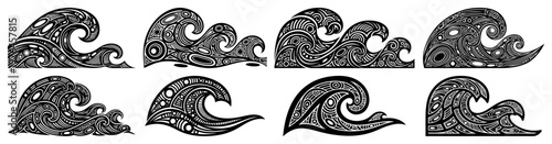 Ocean wave icons set featuring ethnic patterns and decorative water ripples