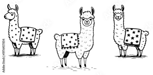 Llama and alpaca characters with patterned blankets line art doodle style