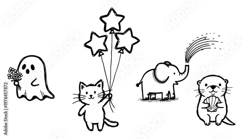 Whimsical characters including ghost cat elephant and otter line art style