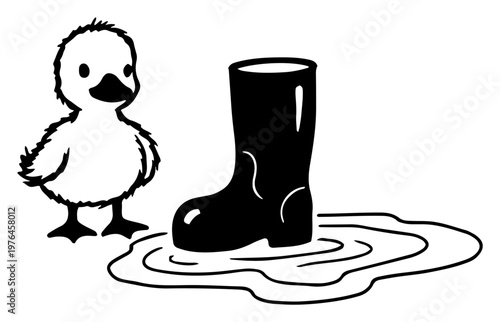 Duckling standing next to rubber boot in water puddle doodle style
