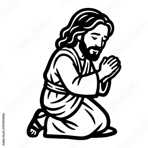 Jesus Christ kneeling in prayer minimalist black and white line art