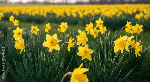 A breathtaking landscape of vibrant yellow daffodils swaying gently in a vast green field during a sunny spring morning at first light, serene, hills, floral