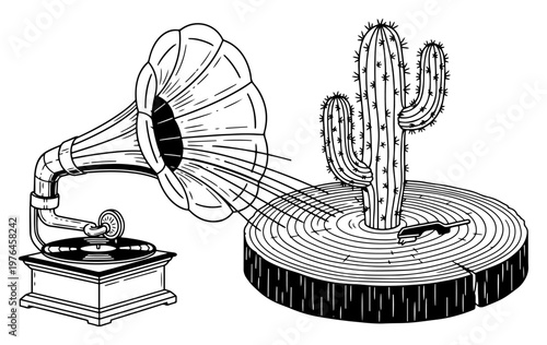 Gramophone playing music from tree trunk slice with cactus growing in surreal vintage style