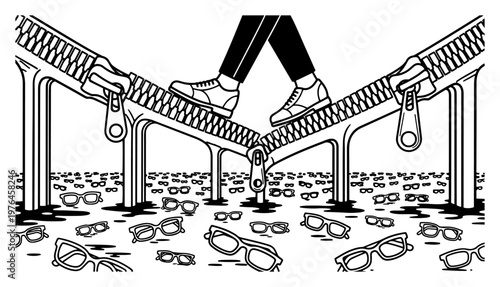 Person walking on zipper path above floating eyeglasses in surreal graphic style
