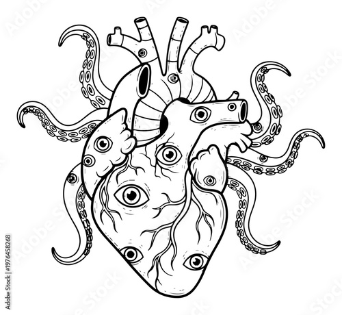 Anatomical heart with octopus tentacles and multiple eyes in surreal dark fantasy style